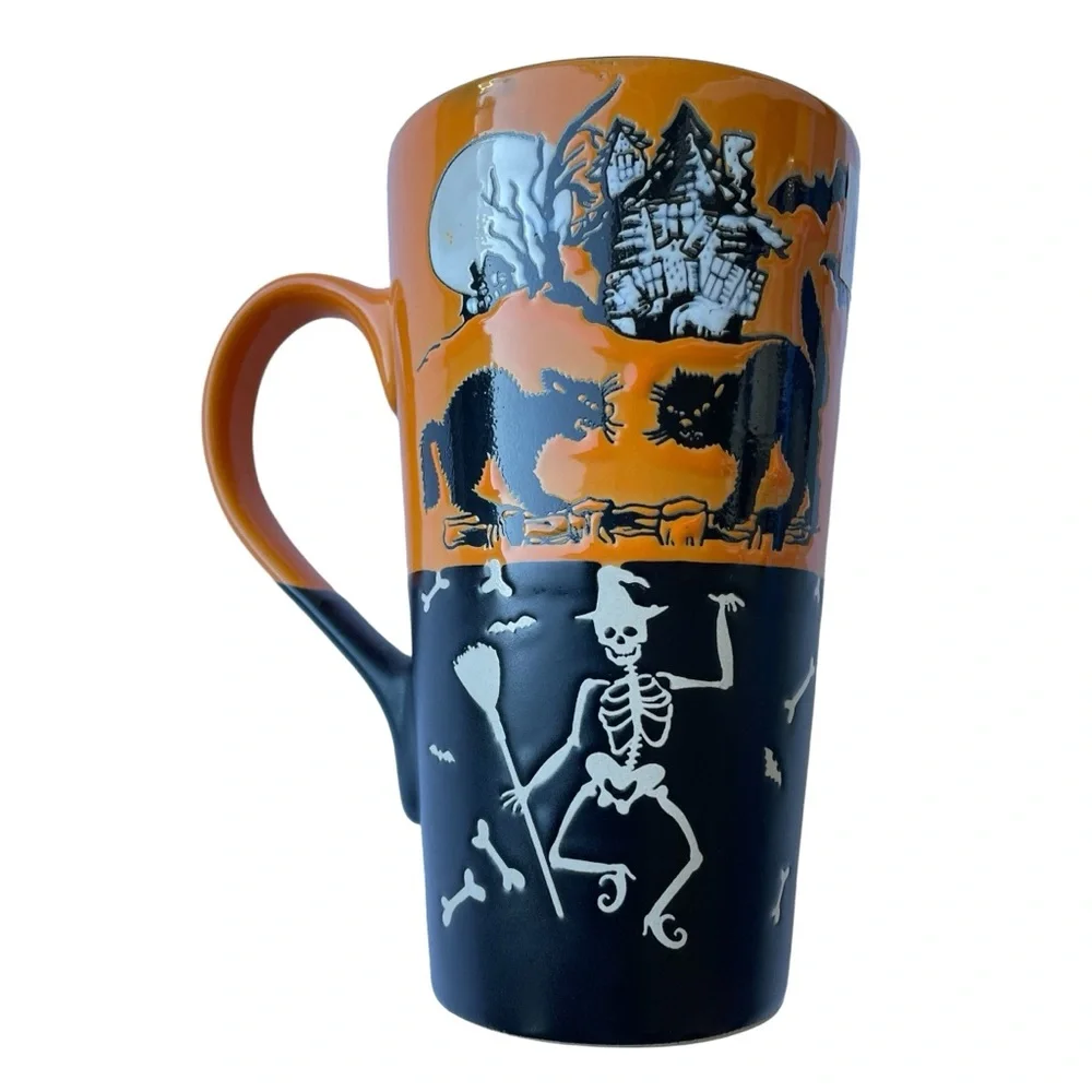 Halloween Tall 17 Oz Ceramic Mug Skeleton Black Cat Haunted House NEW - Picture 3 of 7